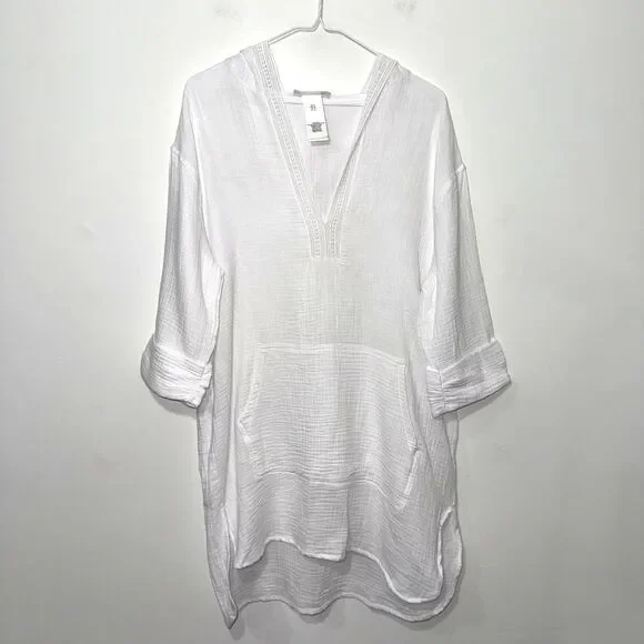 NWT La Blanca Resortwear Hooded Gauze Cotton Coverup - White S